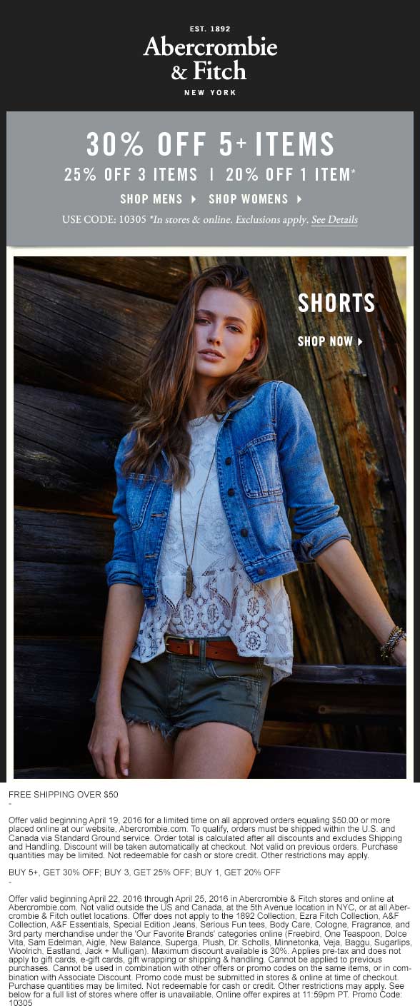 Abercrombie & Fitch Coupon April 2024 20-30% off at Abercrombie & Fitch, or online via promo code 10305