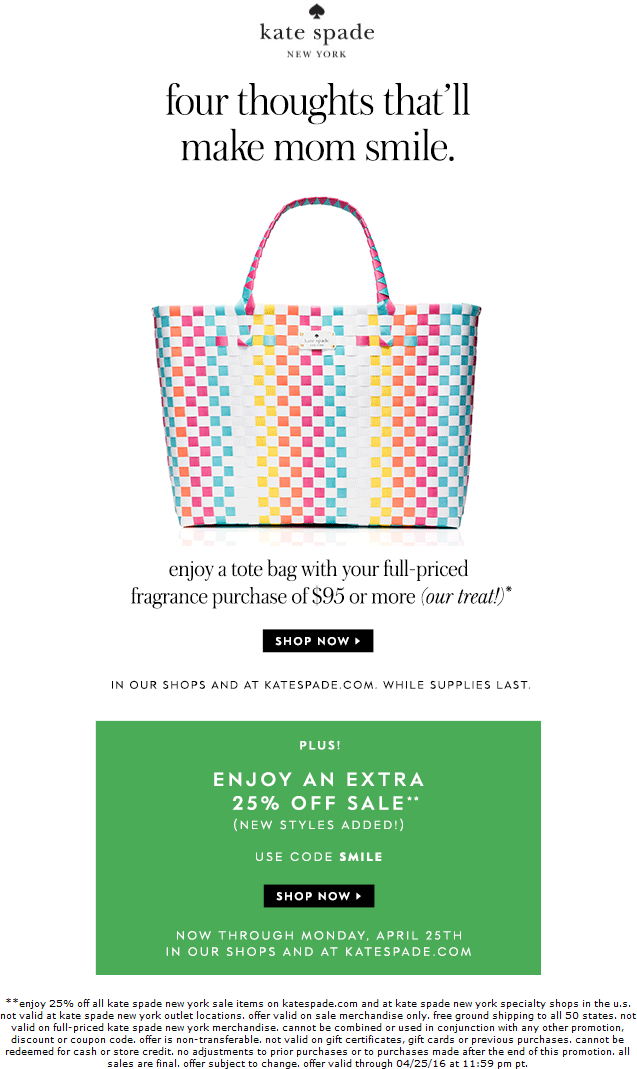 Kate Spade Coupon March 2024 25% off at Kate Spade, or online via promo code SMILE