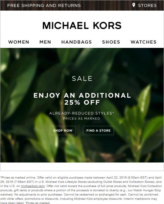 Michael Kors Coupon April 2024 Extra 25% off sale items at Michael Kors, ditto online