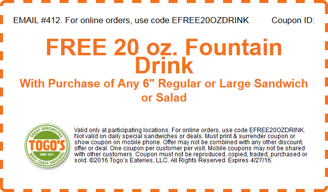 Togos Coupon April 2024 20oz drink free with your sandwich or salad at Togos