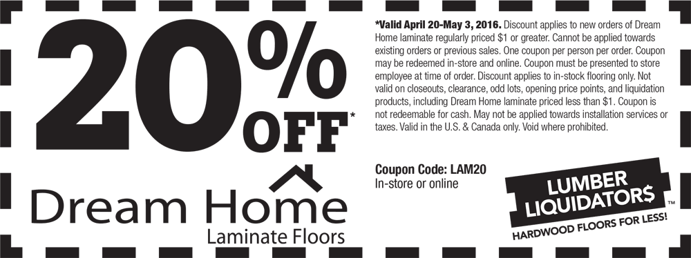 Lumber Liquidators Coupon May 2024 20% off laminate flooring at Lumber Liquidators, or online via promo code LAM20
