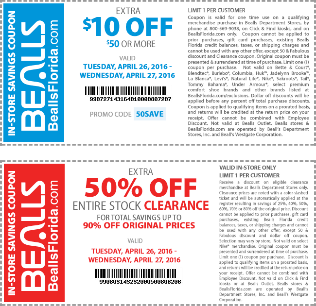 Bealls Coupon May 2024 $10 off $50 & extra 50% off clearance at Bealls, or online via promo code 50SAVE