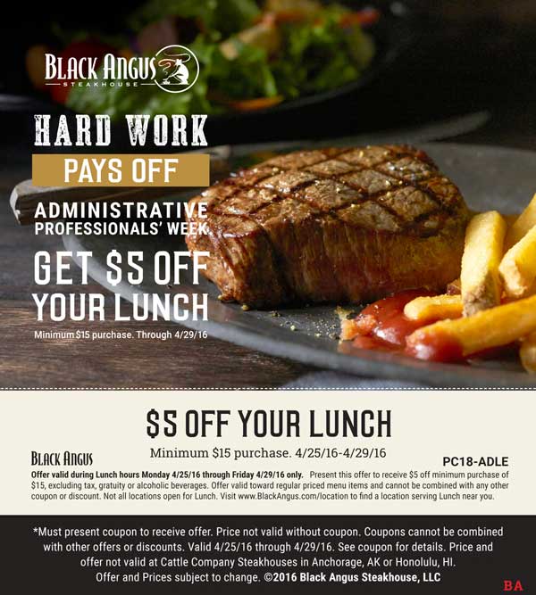 Black Angus Coupon April 2024 $5 off lunch at Black Angus steakhouse