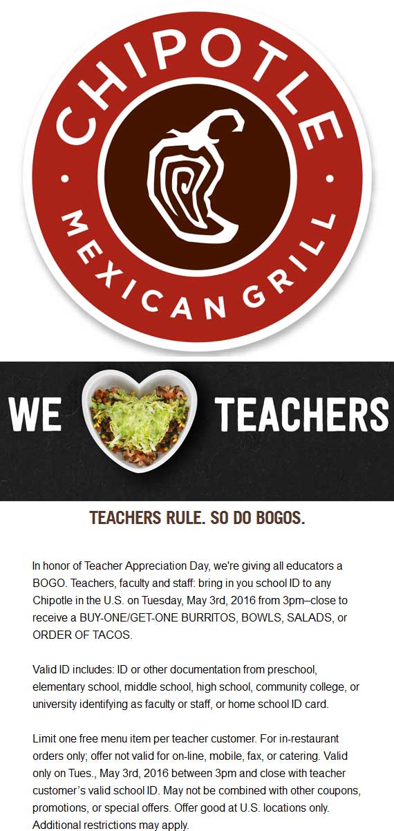 Chipotle Coupon April 2024 Teachers enjoy a second free burrito, bowl, salad or tacos Tuesday at Chipotle