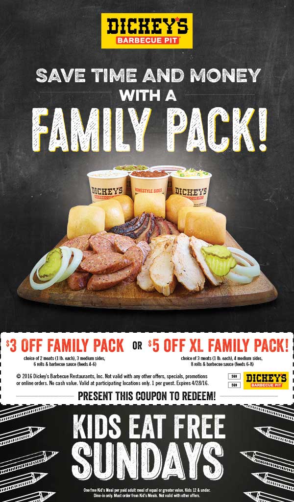Dickeys Barbecue Pit Coupon April 2024 $3-$5 off a family meal at Dickeys Barbecue Pit