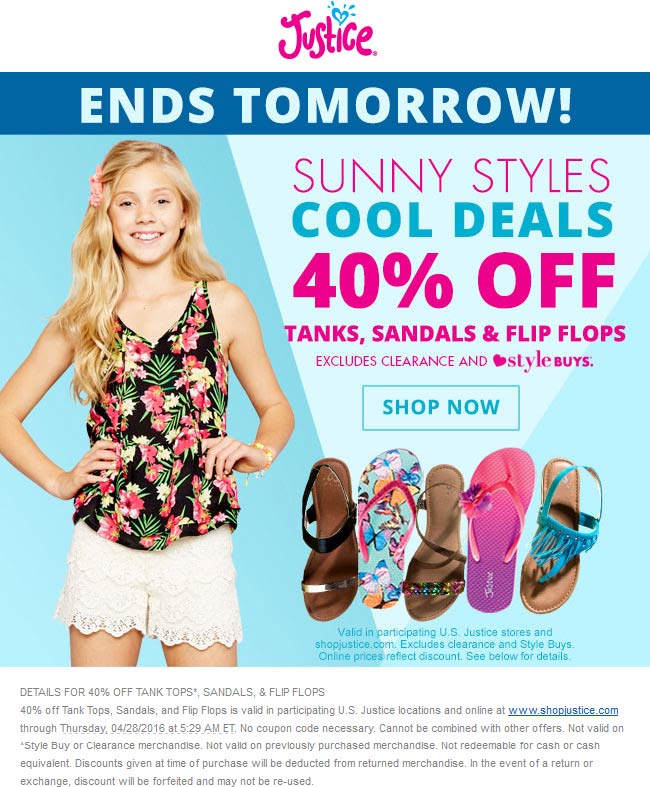 Justice Coupon April 2024 40% off tanks & sandals at Justice, ditto online