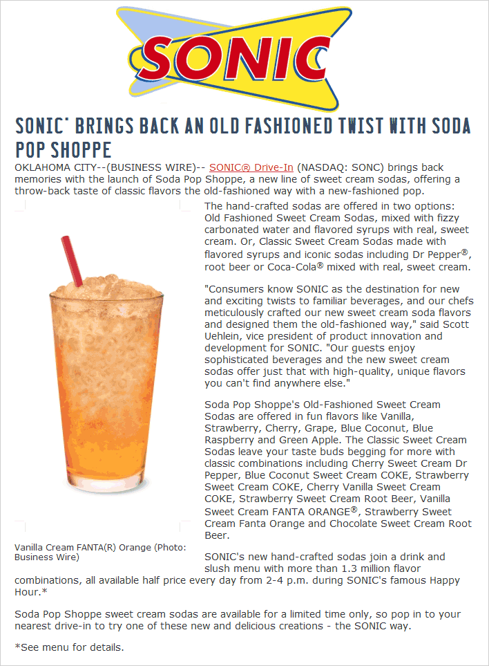 Sonic Drive-In Coupon April 2024 50% off drinks & slushes 2-4p daily at Sonic Drive-In