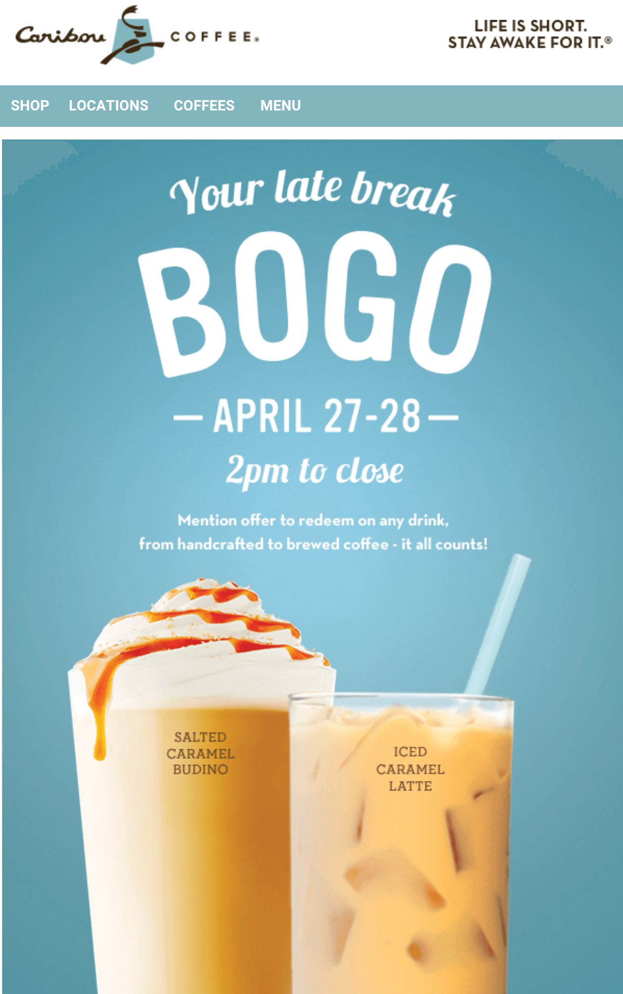 Caribou Coffee Coupon April 2024 Second drink free after 2p today at Caribou Coffee
