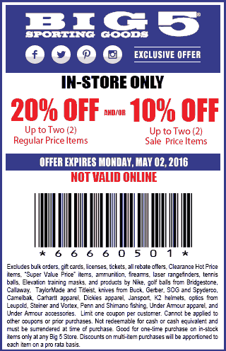 Big 5 Coupon March 2024 20% off a couple items at Big 5 sporting goods