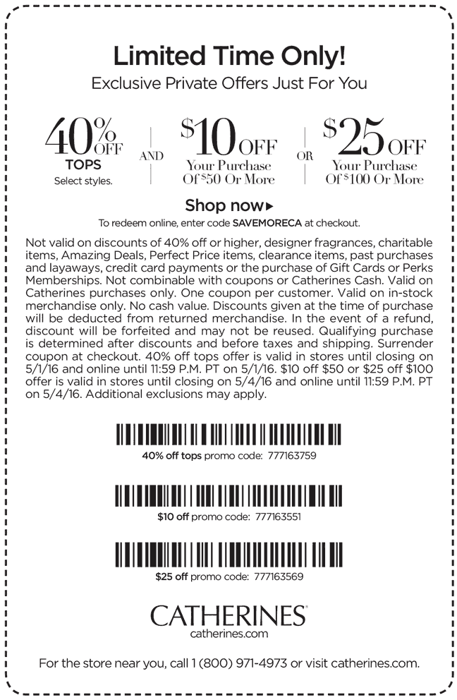 Catherines Coupon April 2024 $10 off $50 & more at Catherines, or online via promo code SAVEMORECA