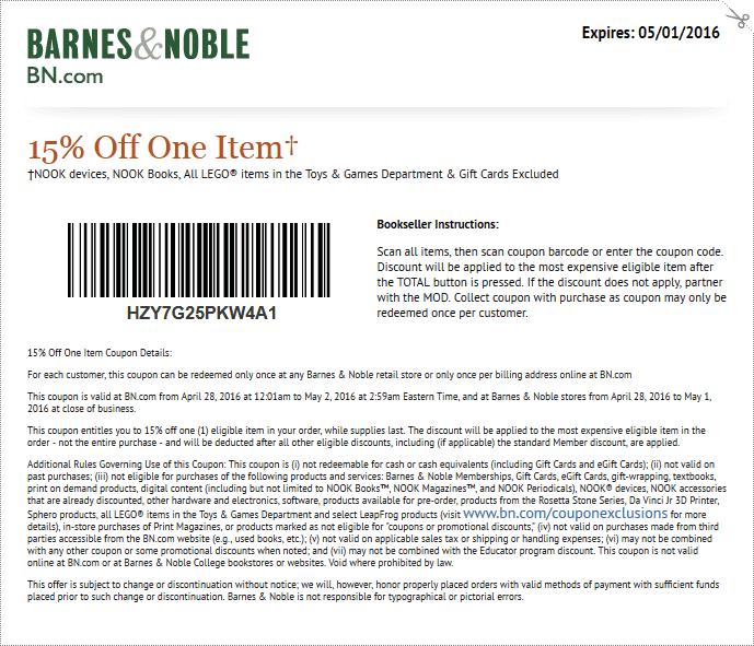Barnes & Noble Coupon April 2024 15% off a single item at Barnes & Noble