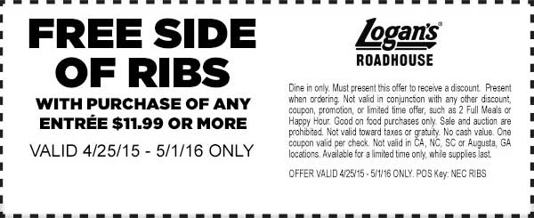Logans Roadhouse Coupon April 2024 Free ribs with your entree at Logans Roadhouse