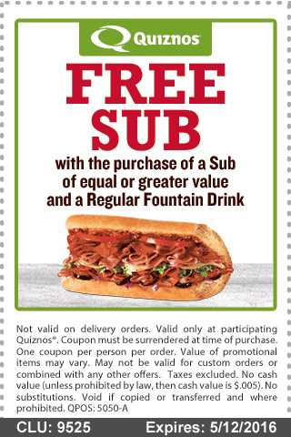 Quiznos Coupon March 2024 Second sub free at Quiznos