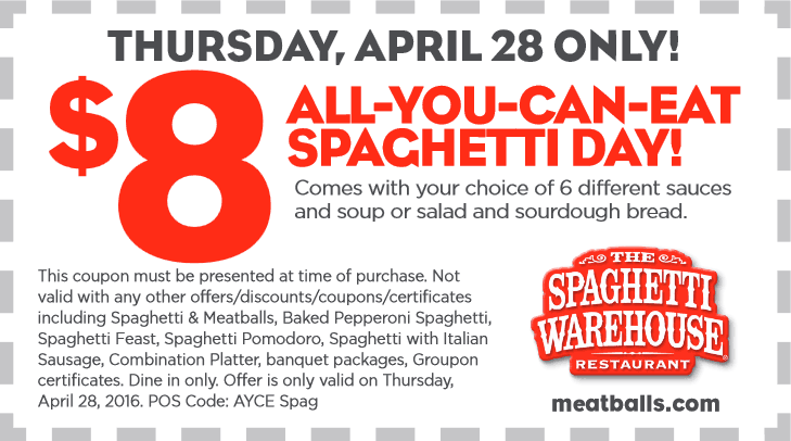 Spaghetti Warehouse Coupon April 2024 Bottomless spaghetti + soup or salad + bread = $8 today at Spaghetti Warehouse restaurants
