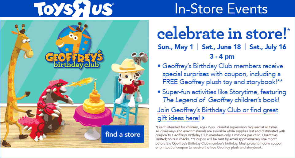 Toys R Us Coupon March 2024 Free stuffed Geoffrey giraffe & storybook for free members Sunday at Toys R Us