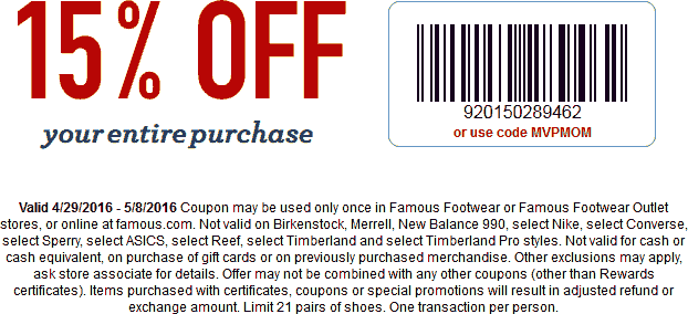 Famous Footwear Coupon April 2024 15% off at Famous Footwear, or online via promo code MVPMOM