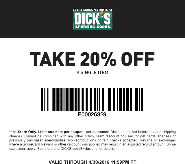 Dicks Coupon March 2024 20% off a single item today at Dicks sporting goods