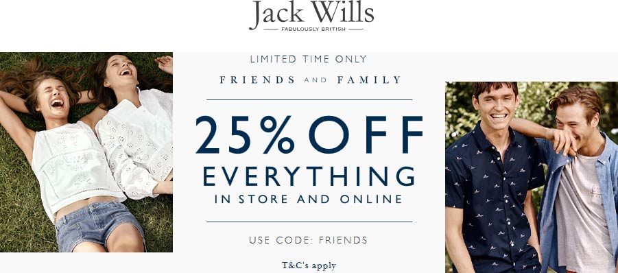 Jack Wills Coupon April 2024 25% off everything at Jack Wills, or online via promo code FRIENDS