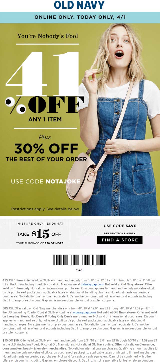 Old Navy Coupon April 2024 $15 off $50 & more at Old Navy