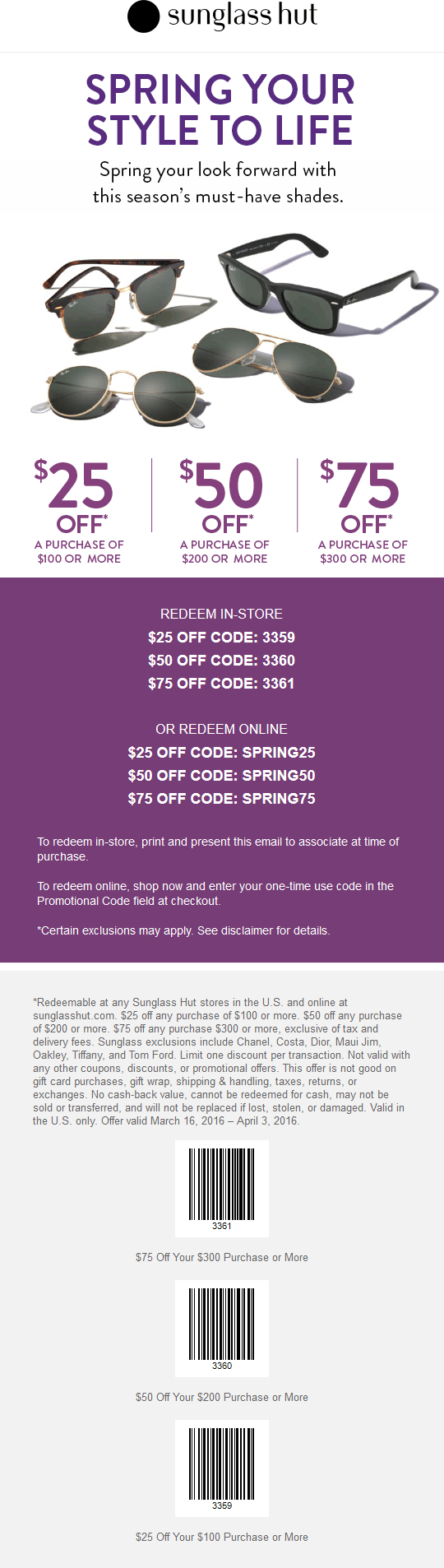 Sunglass Hut Coupon April 2024 $25 off $100 & more at Sunglass Hut, or online via promo code SPRING25