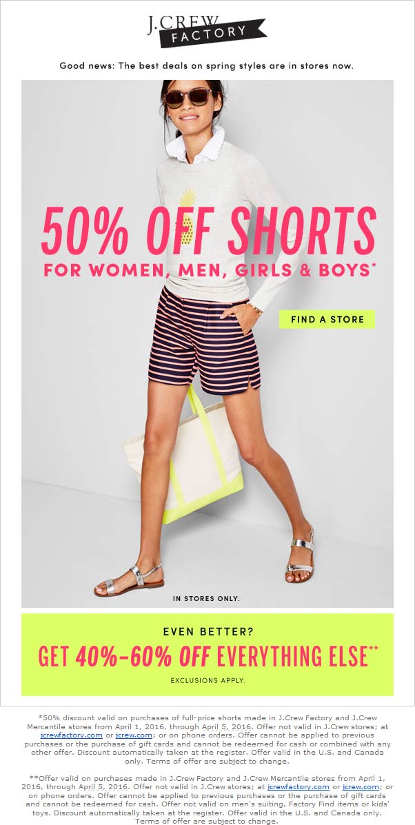 J.Crew Factory Coupon April 2024 Extra 40-60% off everything at J.Crew Factory, ditto online