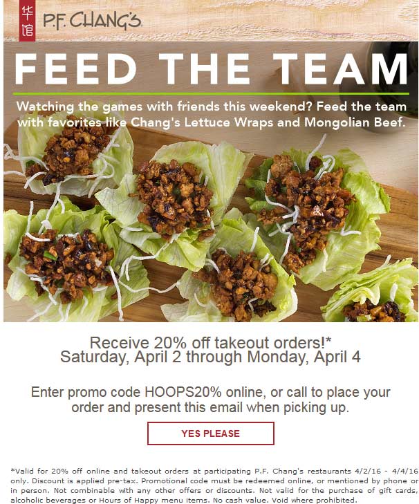 P.F. Changs Coupon April 2024 20% off takeout at P.F. Changs restaurants