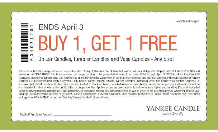 Yankee Candle Coupon April 2024 Second candle free at Yankee Candle, or online via promo code PARADISE