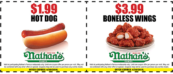 Nathans Famous Coupon March 2024 $2 hot dogs & $4 boneless wings at Nathans Famous restaurants