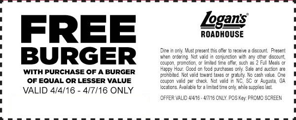 Logans Roadhouse Coupon March 2024 Second burger free at Logans Roadhouse