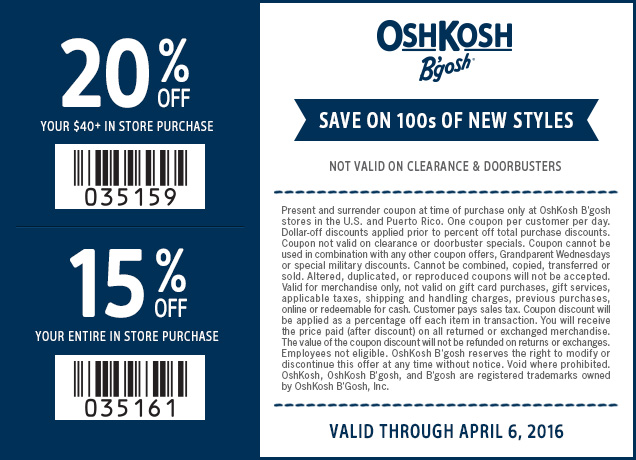 OshKosh Bgosh Coupon April 2024 15-20% off at OshKosh Bgosh, or online via promo code OKBGAPR