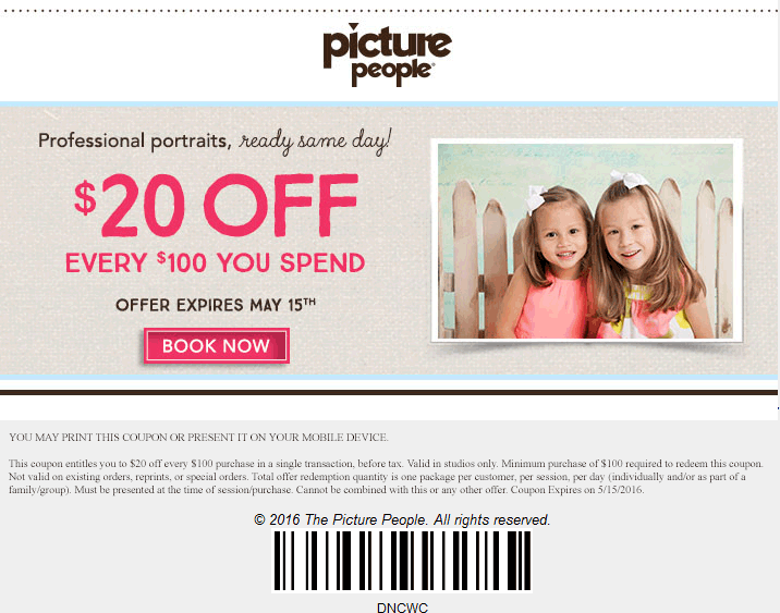 Picture People Coupon April 2024 $20 off every $100 at Picture People studios