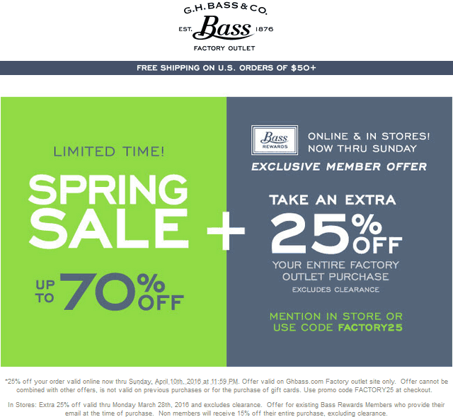 G.H. Bass Factory Outlet Coupon April 2024 25% off at G.H. Bass Outlet locations, or online via promo code FACTORY25