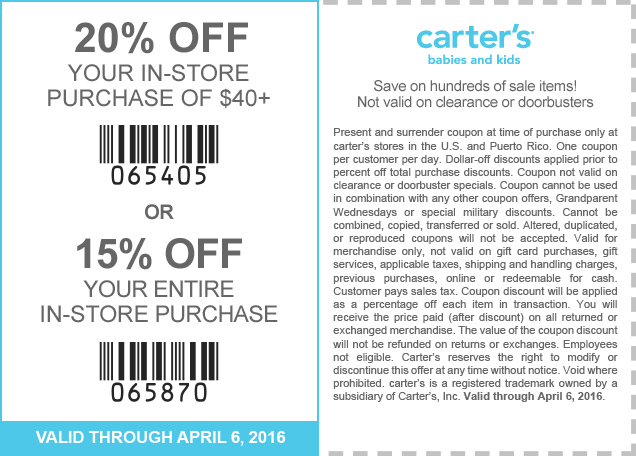 Carters Coupon April 2024 15-20% off at Carters, or online via promo code CARTAPR