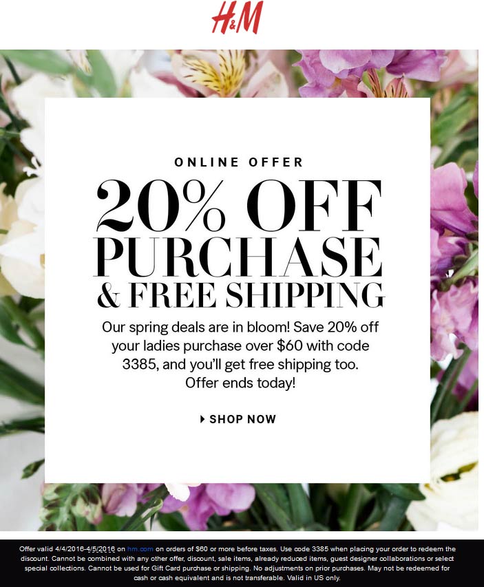 H&M Coupon April 2024 20% off $60 online today at H&M via promo code 3385