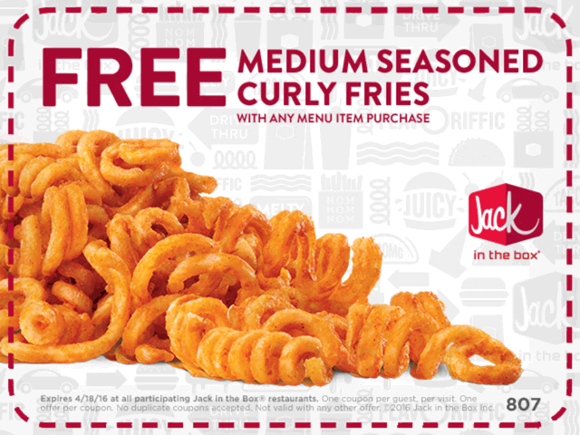 Jack in the Box Coupon March 2024 Curly fries free with any order at Jack in the Box