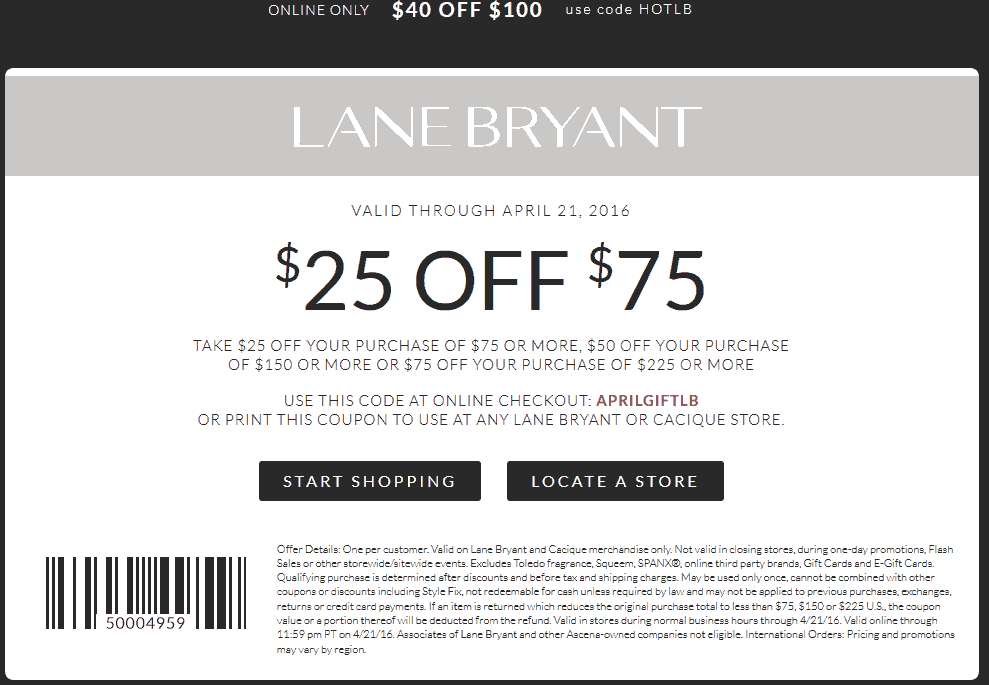 Lane Bryant Coupon April 2024 $25 off $75 & more at Lane Bryant, or online via promo code APRILGIFTLB
