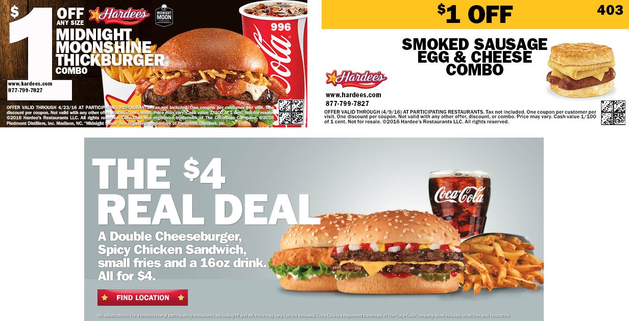 Hardees Coupon April 2024 Double cheeseburger + chicken sandwich + fries + drink = $4 & more at Hardees 