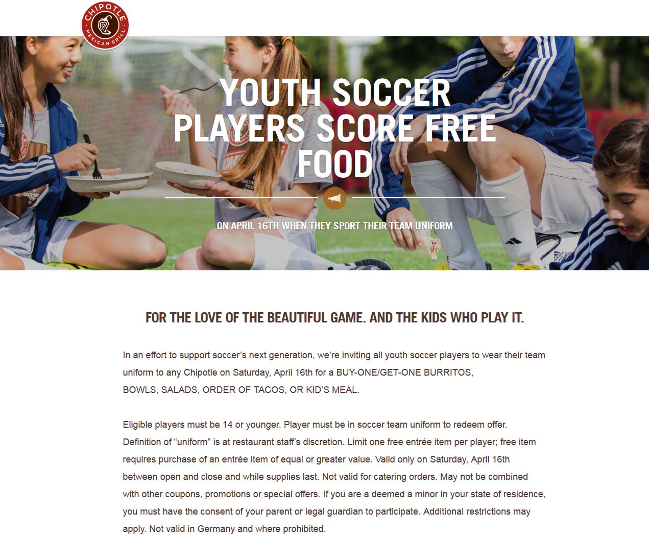 Chipotle Coupon April 2024 Youth soccer players in uniform get a second meal free the 16th at Chipotle