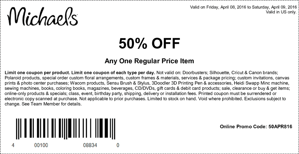 Michaels Coupon March 2024 50% off a single item at Michaels, or online via promo code 50APR816