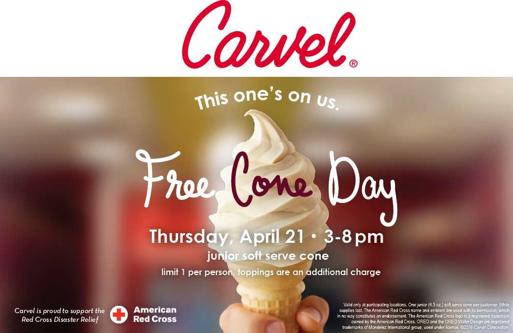 Carvel Coupon March 2024 Free ice cream cone the 21st at Carvel
