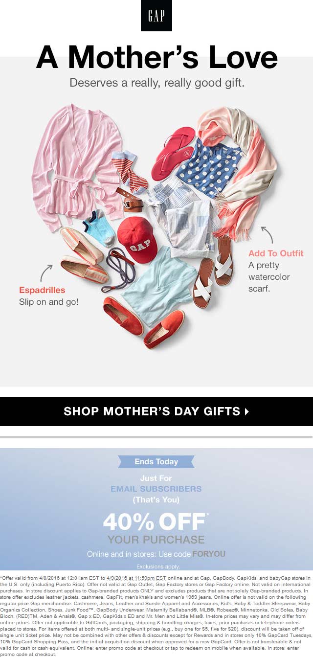 Gap Coupon April 2024 40% off today at Gap, or online via promo code FORYOU