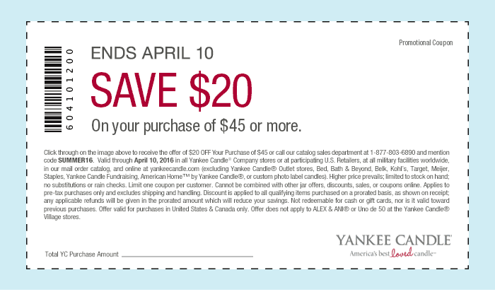 Yankee Candle Coupon April 2024 $20 off $45 at Yankee Candle, or online via promo code SUMMER16