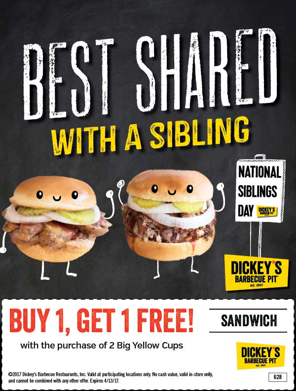 Dickeys Barbecue Pit Coupon April 2024 Second sandwich free with your drinks at Dickeys Barbecue Pit