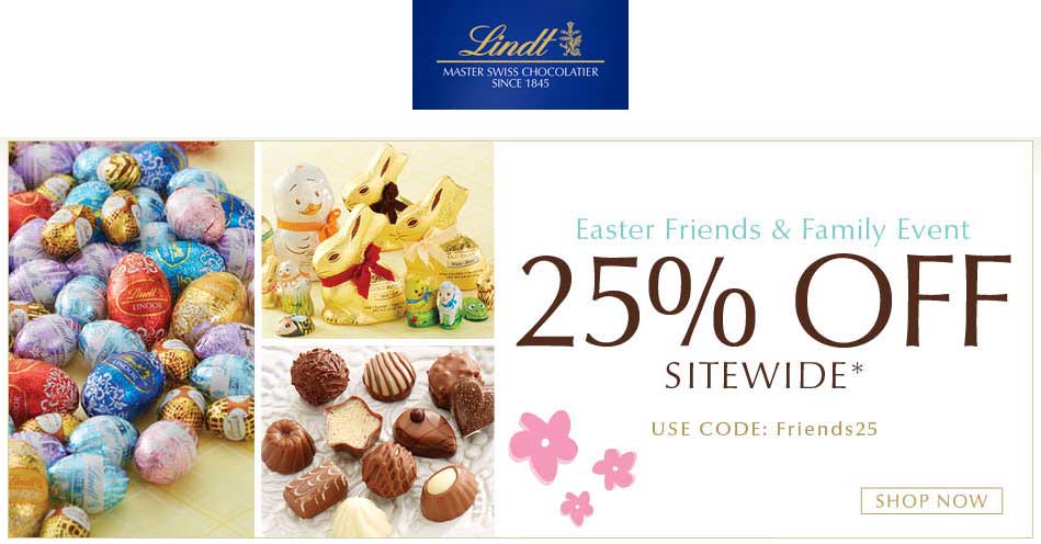 Lindt Coupon April 2024 25% off everything online at Lindt chocolates via promo code Friends25