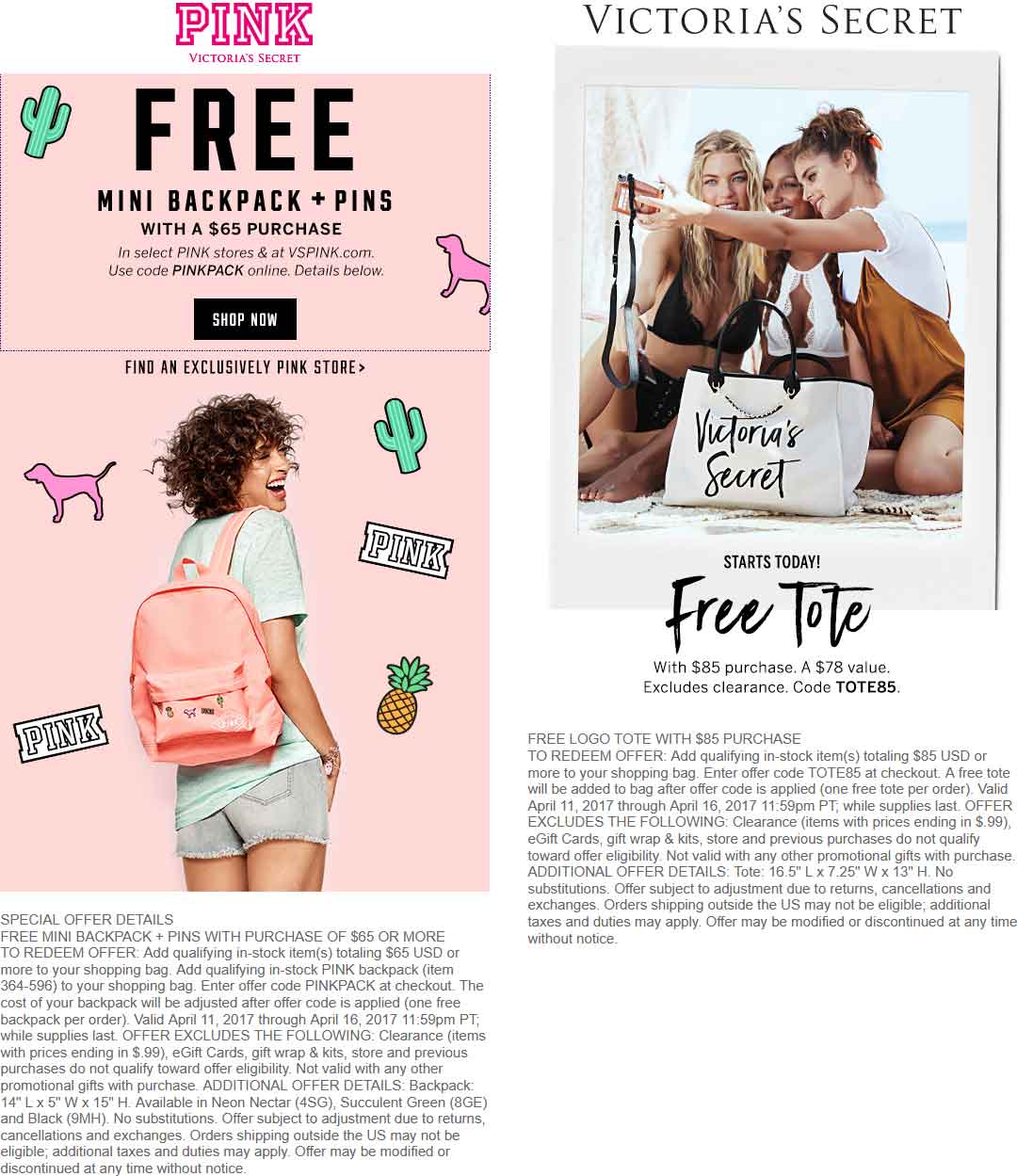 Victorias Secret Coupon March 2024 PINK backpack or $78 tote bag free with $85 spent online at Victorias Secret via promo code TOTE85