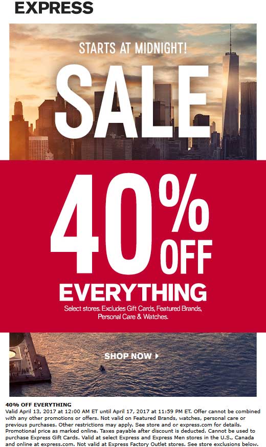 Express Coupon April 2024 40% off everything at Express, ditto online