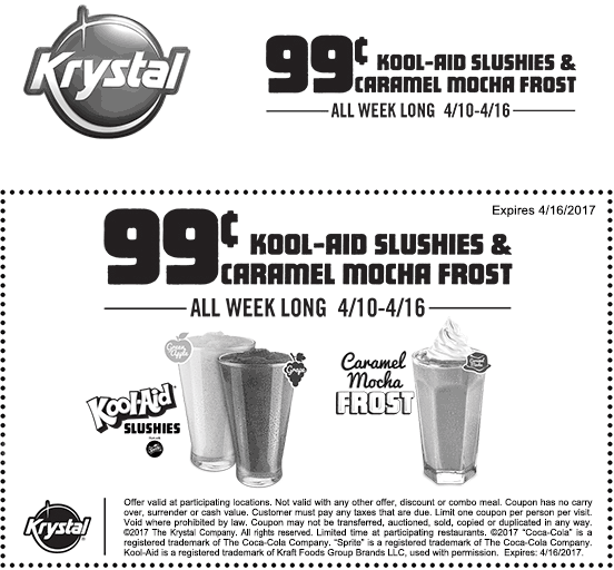 Krystal Coupon May 2024 .99 cent caramel mocha frost & slushies at Krystal restaurants