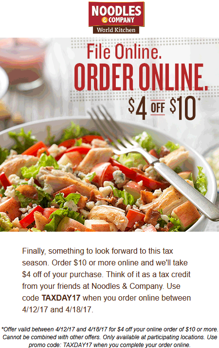 Noodles & Company Coupon April 2024 $4 off $10 online at Noodles & Company restaurants