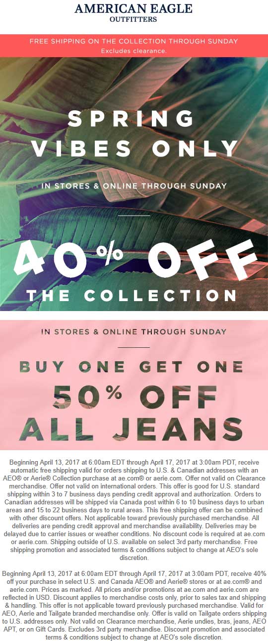 American Eagle Outfitters Coupon April 2024 40% off at American Eagle Outfitters, ditto online
