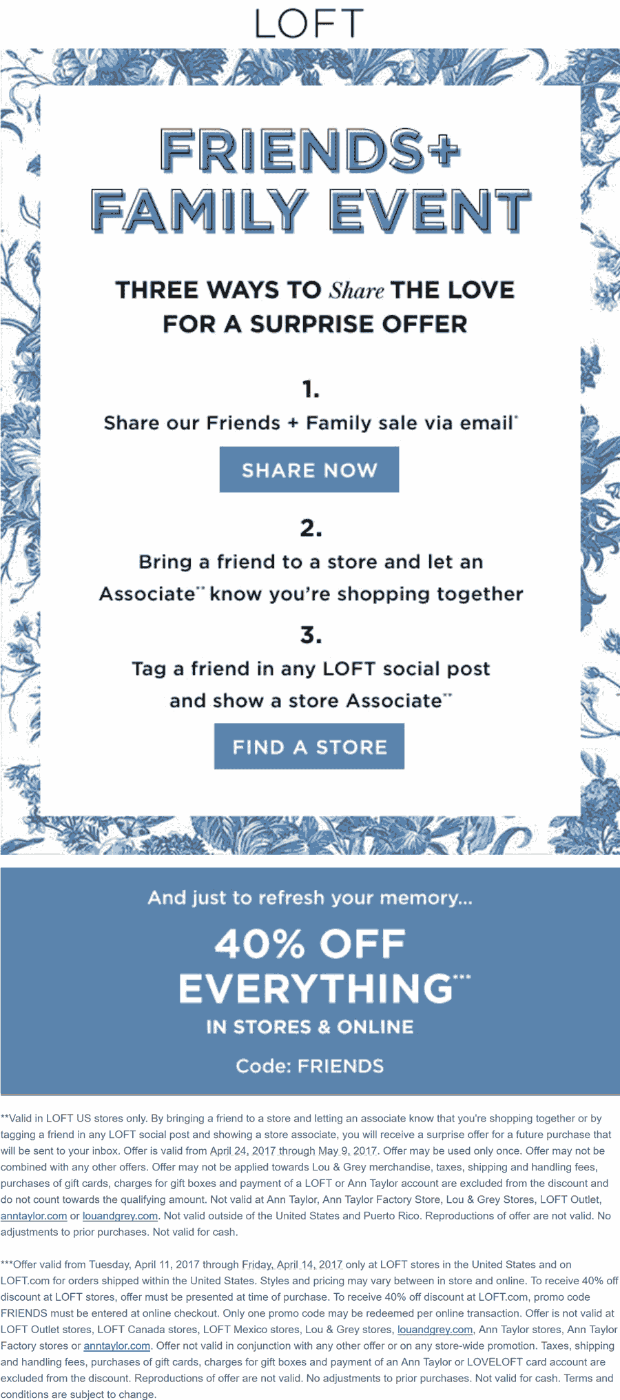 LOFT Coupon April 2024 40% off everything today at LOFT, or online via promo code FRIENDS